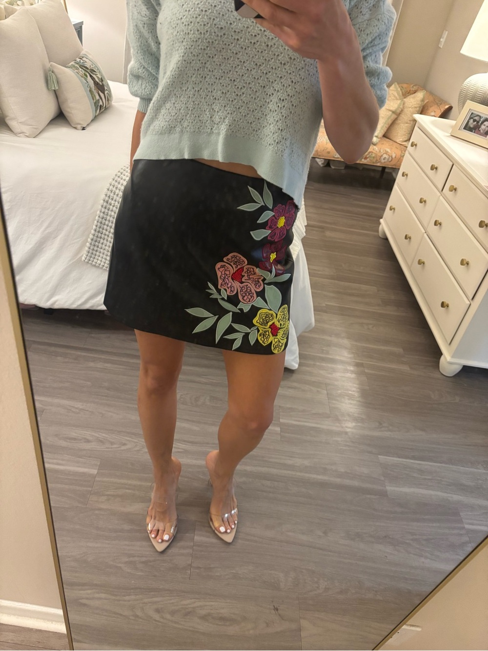 🏷️ Alice + Olivia Riley Floral Faux Leather Mini Skirt — Hand-Painted Detail